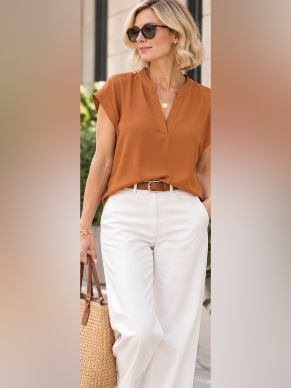 Cynthia Steffe Rust V-Neck Short Sleeve Blouse